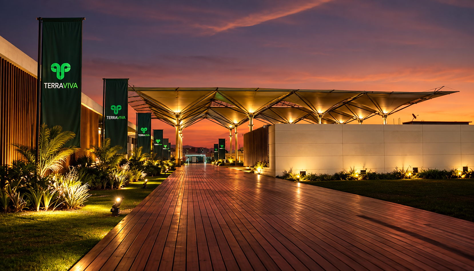 Imagem conceitual do caminho iluminado e dos espaços do evento Terra Viva ao pôr do sol