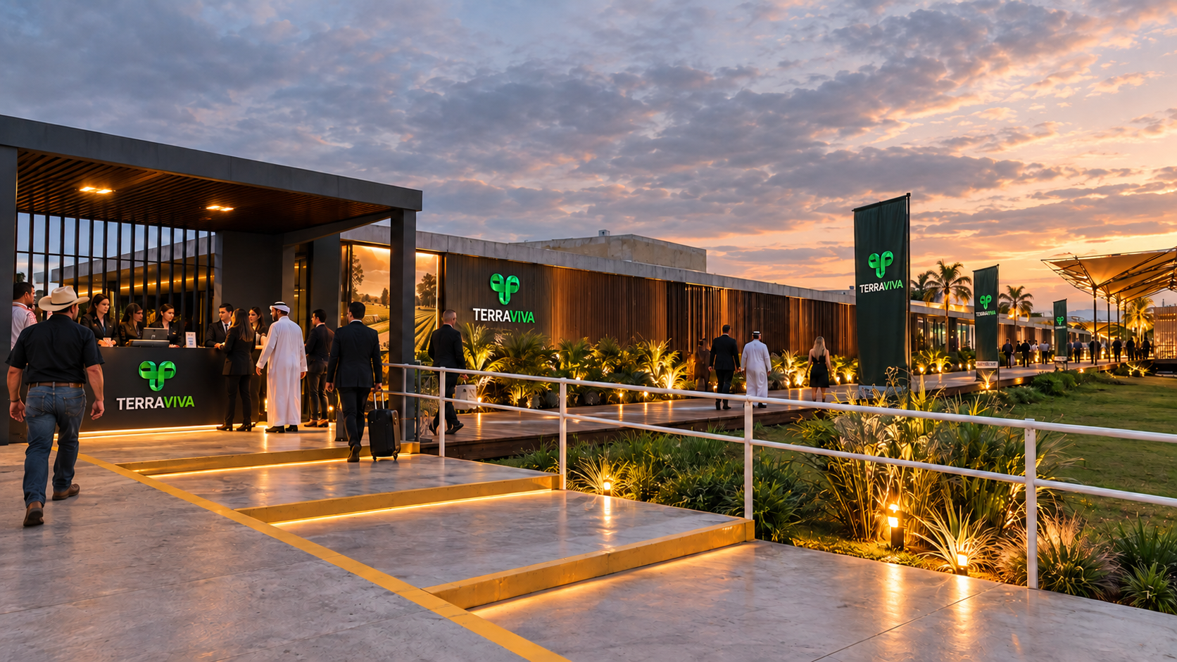 Imagem conceitual da entrada do evento Terra Viva ao pôr do sol