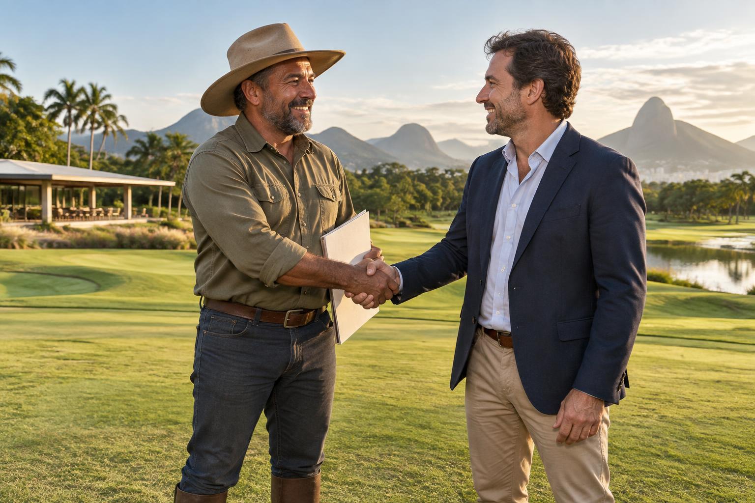 Cena conceitual de produtor rural com documento em mãos apertando a mão de representante de blazer em um campo de golfe