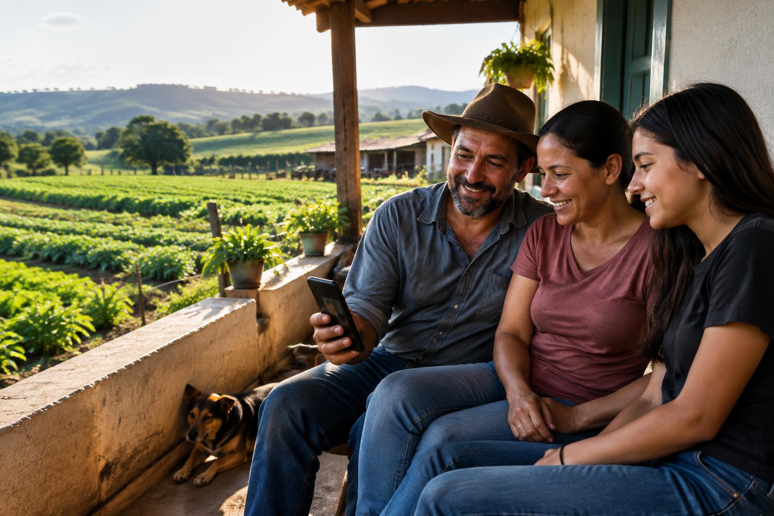 Representação de uma família de produtores rurais reunida em casa com um celular